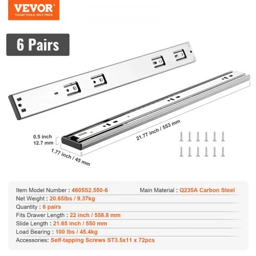 VEVOR 6 poros 558,8 mm stalčių bėgelių, šoninio montavimo, pilno ištraukimo, tylūs su rutuliniais guoliais, 100 lb