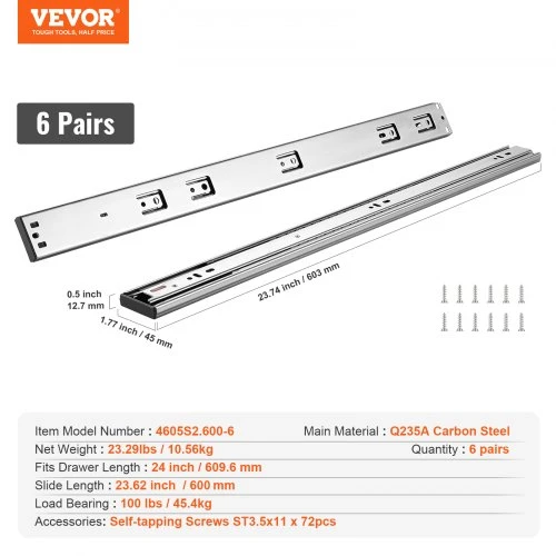 VEVOR 6 poros 609,6 mm stalčiaus bėgelių su šoniniu montavimu, pilno ištraukimo, minkšto uždarymo, 100 lbs