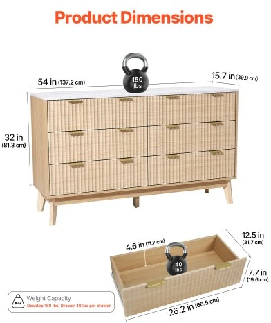 VEVOR 6 stalčių komoda, šviesaus medžio, 137,2 x 39,9 x 81,3 cm