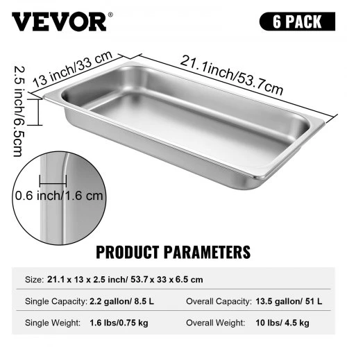VEVOR 6 vnt. nerūdijančio plieno garų vonios padėklai, 20,9 x 12,8 x 2,6 col., 8,5 l