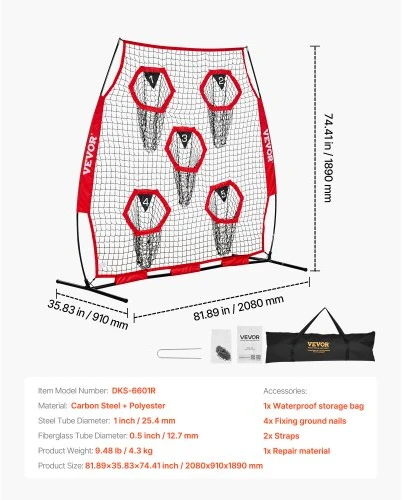 VEVOR 6 x 6 ft futbolo treniruočių metimo tinklas, 5 taikinių kišenės, raudonas