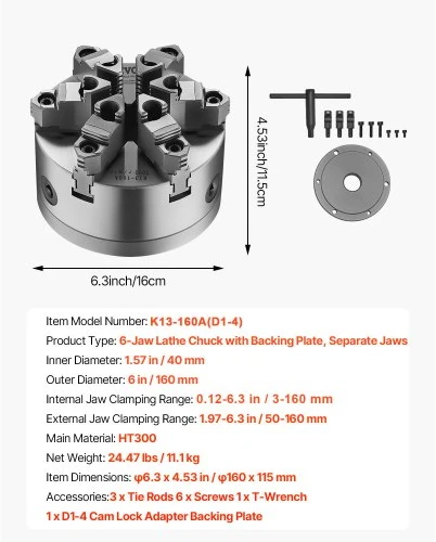 VEVOR 6 žandų tekinimo griebtuvas, 6 col. (160 mm), savaime centruojantis, D1-4