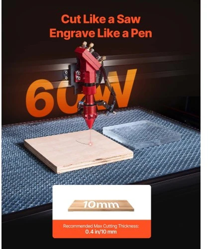 Koduva VEVOR 60 W CO2 lazerinis graviravimo ir pjovimo įrenginys, 600 x 400 mm, 4 krypčių oro pagalba