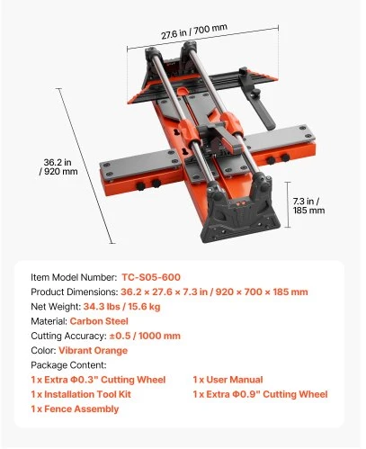 VEVOR 600 mm rankinis plytelių pjaustytuvas su reguliuojama pjovimo galvute