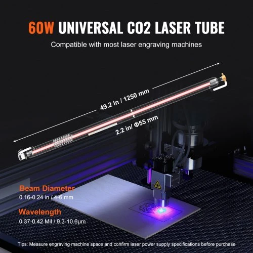 VEVOR 60W CO2 lazerio vamzdis, 1250 mm, Ø55 mm, su metaline galvute