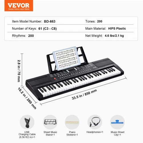 VEVOR 61 klavišo skaitmeninis pianinas, BD-663, 200 tonų, 200 ritmų