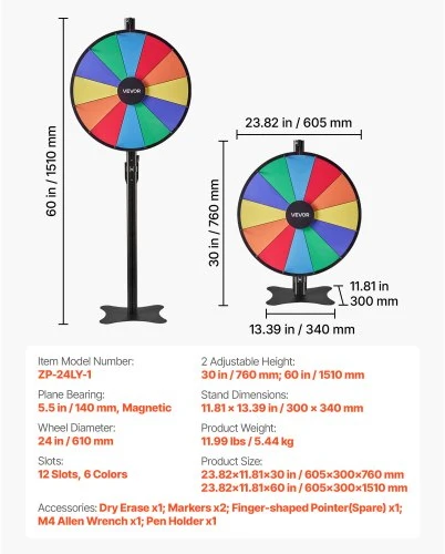 VEVOR 610 mm prizų sukimo ratas, 12 skyrių, su stovu, reguliuojamo aukščio, su sauso trynimo lenta ir 2 markeriais