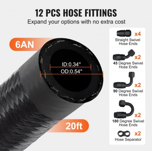 VEVOR 6AN kuro linijos rinkinys, 20 ft, 0,34" žarna, su 12 pasukamų jungčių adapterių, juodas