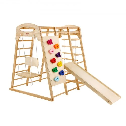 Koduva VEVOR 7-in-1 vaikų vidaus žaidimų aikštelė, 120 x 147 x 142 cm, medinės ir virvinės kopėčios, sūpynės, čiuožykla