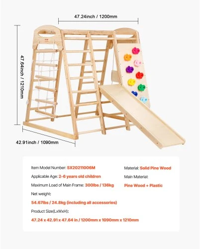 Koduva VEVOR 7-in-1 vaikų vidaus žaidimų aikštelė, 109 x 120 x 119,5 cm, su kopėčiomis, tinkline kopėčia, sūpynėmis, skersiniu, čiuožykla ir lipimo siena