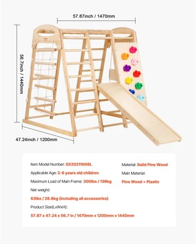 Koduva VEVOR 7-in-1 vaikų vidaus žaidimų aikštelė, 120 x 147 x 142 cm, medinės ir virvinės kopėčios, sūpynės, čiuožykla