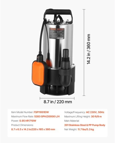 VEVOR 710 W panardinamasis dumblų siurblys, 20000 l/h, nerūdijančio plieno, su automatiniu plūdiniu jungikliu