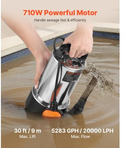 VEVOR 710 W panardinamasis dumblų siurblys, 20000 l/h, nerūdijančio plieno, su automatiniu plūdiniu jungikliu