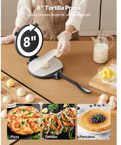 VEVOR 8 colių ketaus tortilijų spaudė, roti ir tortilijų gaminimo presas su rankena, 100 pergamento lapų