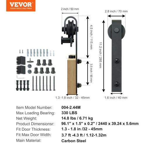 VEVOR 8 ft stumdomų tvartinių durų furnitūros komplektas, vienoms durims, 149,7kg, J formos ratukai