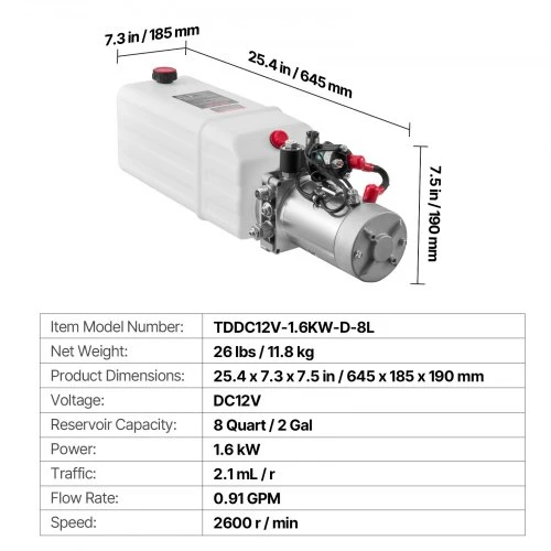 VEVOR 8 l hidraulinis maitinimo blokas, vieno veikimo savivarčio siurblio komplektas, 12 V DC, 22 MPa, 3,4 l/min