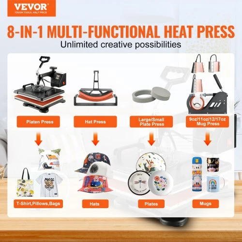 VEVOR 8 viename termopresas 38 x 30 cm marškinėliams, puodeliams, kepurėms ir lėkštėms