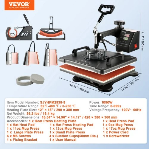 VEVOR 8 viename termopresas 38 x 30 cm marškinėliams, puodeliams, kepurėms ir lėkštėms