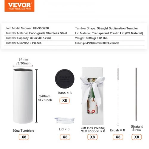 Koduva VEVOR 8 vnt. tiesūs sublimaciniai puodeliai, 30 oz / 887,2 ml, nerūdijančio plieno