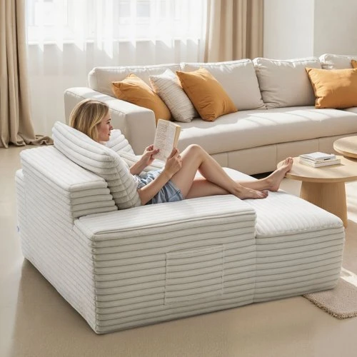 Sofa VEVOR 8035 chaise lounge kėdė, kreminė, 1380 x 1500 x 700 mm