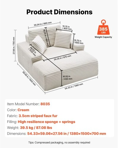 Sofa VEVOR 8035 chaise lounge kėdė, kreminė, 1380 x 1500 x 700 mm