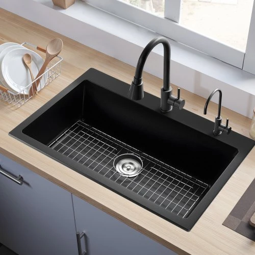 Koduva VEVOR 84 cm virtuvinė plautuvė, granito, įleidžiama, vienos talpos, juoda