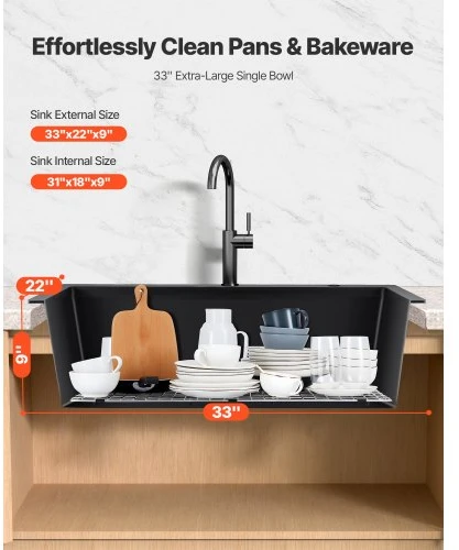 Koduva VEVOR 84 cm virtuvinė plautuvė, granito, įleidžiama, vienos talpos, juoda