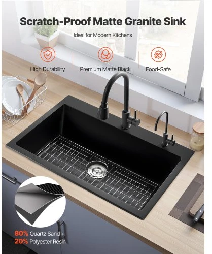 Koduva VEVOR 84 cm virtuvinė plautuvė, granito, įleidžiama, vienos talpos, juoda
