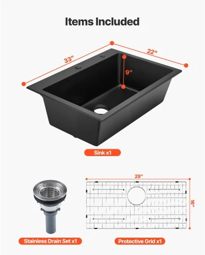 Koduva VEVOR 84 cm virtuvinė plautuvė, granito, įleidžiama, vienos talpos, juoda
