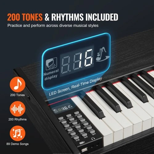 VEVOR 886 skaitmeninis pianinas su pasvertai klavišais, 88 klavišai, juodas ir baltas