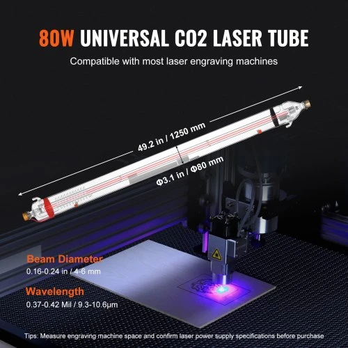 VEVOR 90 W CO2 lazerio vamzdis, 1250 mm, 80 mm, su metaline galvute