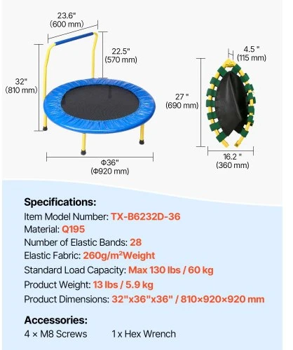 VEVOR 91,4 cm vaikų batutas su putplasčio rankena, sulankstomas, 3+ metų vaikams