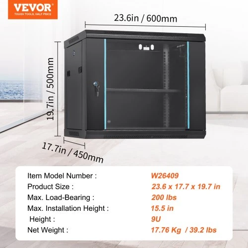 Koduva VEVOR 9U prie sienos tvirtinamas tinklo serverio spintos korpusas, juodas