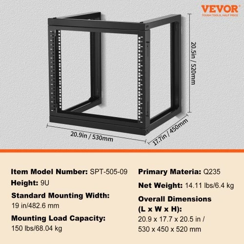 Koduva VEVOR 9U sieninis serverio tinklo stelažas, atvira konstrukcija, juodas, 530x450x520 mm