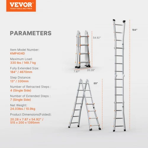 VEVOR A formos ištraukiamos kopėčios, 467 cm, aliuminis, 149,7kg, KMP404D