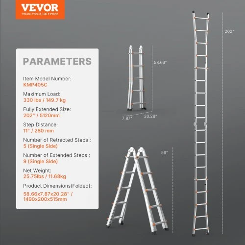 Koduva VEVOR A formos teleskopinės kopėčios, aliuminės, 512 cm, 149,7kg