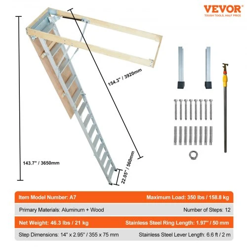 VEVOR A7 palėpės kopėčios, sulankstomos, 158,8kg, 57,15 x 160 cm