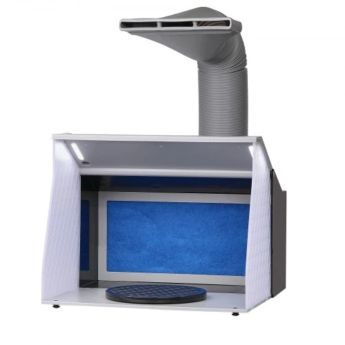 Koduva VEVOR aerografo dažymo kabina AH310 su LED apšvietimu, ištraukiamąja žarna ir sukamuoju stalu, 41 x 43 x 33 cm