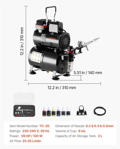 VEVOR Aerografo rinkinys su kompresoriumi TC-20, 120 W, 3 l bakas, 1 dvigubo veikimo aerografas, 3 antgaliai