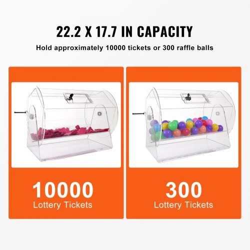 VEVOR Akrilinis loterijos būgnas, 10 000 bilietų arba 300 loterijos kamuoliukų, skaidrus, 22-AC