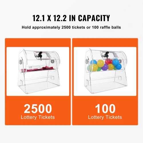 VEVOR Akrilinis loterijos būgnas, talpina 2500 bilietų arba 100 loterijos kamuoliukų, skaidrus, su 2 raktais