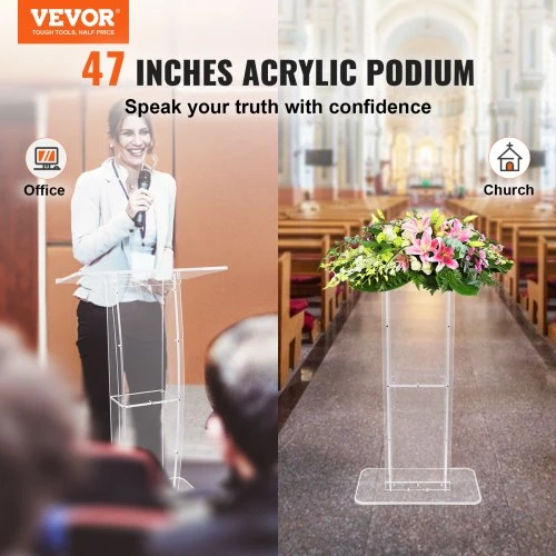 Koduva VEVOR akrilinis podiumas, 119 cm, skaidrus su plačiu skaitymo paviršiumi ir lentyna