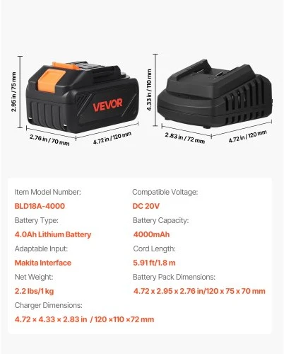 VEVOR Akumuliatoriaus ir įkroviklio rinkinys, 20V, 4000 mAh, BLD18A-4000