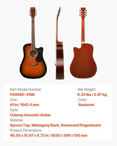 VEVOR Akustinė gitara 41 col., sunburst, FG068C-41SB