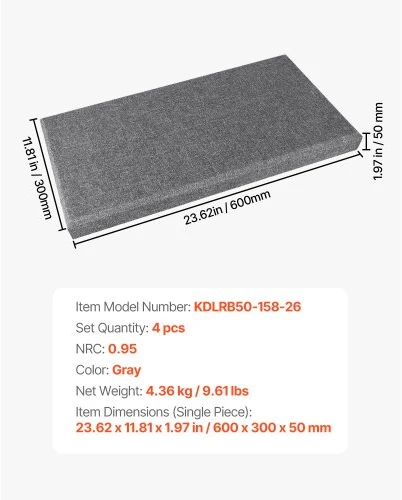 Koduva VEVOR akustinės panelės, 4 vnt., 2 colių, 600 x 300 mm, pilkos