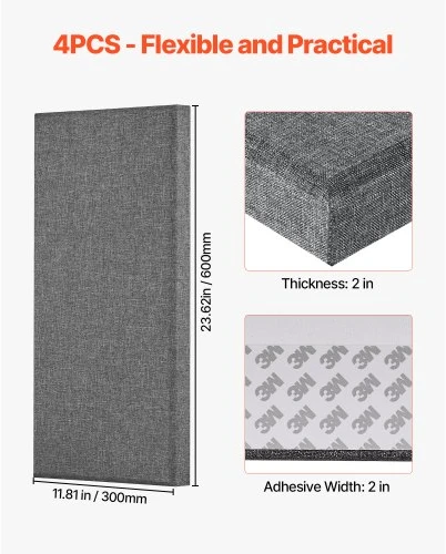 Koduva VEVOR akustinės panelės, 4 vnt., 2 colių, 600 x 300 mm, pilkos
