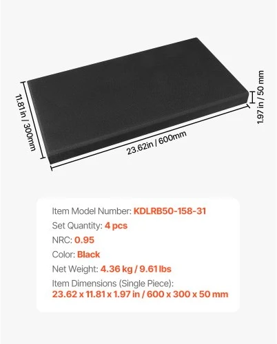 Koduva VEVOR akustinės plokštės, 4 vnt., 50 mm, 600 x 300 mm, juodos