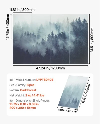 Koduva VEVOR akustinės plokštės 8 vnt., Dark Forest, 400 x 300 x 10 mm, lipnios
