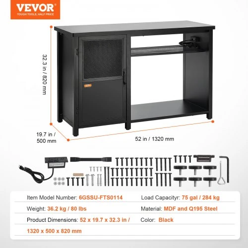 Koduva VEVOR akvariumo stovas, 75 gal. žuvų akvariumui, 52 x 19,7 x 32,3 col., su spinta, juodas