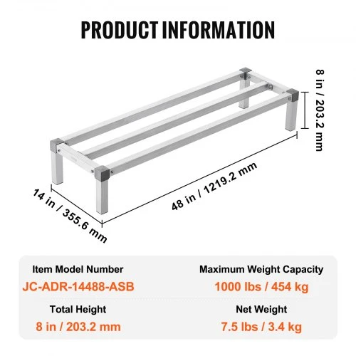 Koduva VEVOR aliumininė dunnage lentyna, 48 × 14 col., komercinė maisto grindų lentyna, 8 col. nuo grindų